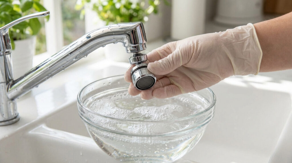 Une main gantée tient un mousseur de robinet au-dessus d'un bol d'eau, près d'un robinet chromé. Idéal pour l'entretien et l'économie d'eau.