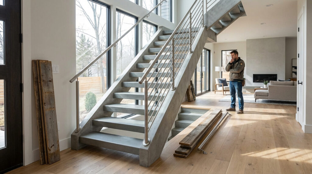 Un homme observe un grand escalier en béton gris avec des balustrades métalliques dans un intérieur moderne et lumineux. Des planches de bois sont au sol.