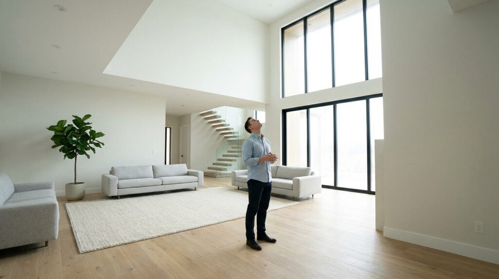 Un homme dans un grand salon contemporain avec double hauteur sous plafond et grandes fenêtres, admirant l'espace vers le haut.