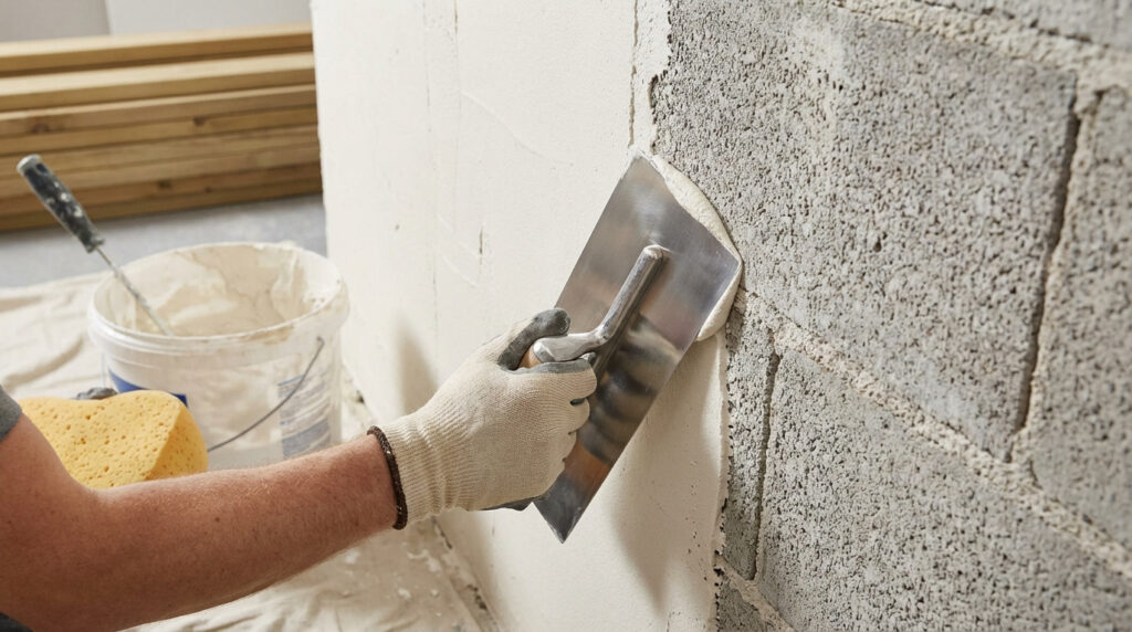 Main gantée lissant un mur en parpaing brut avec une truelle. Seau d'enduit, éponge et bois en arrière-plan.