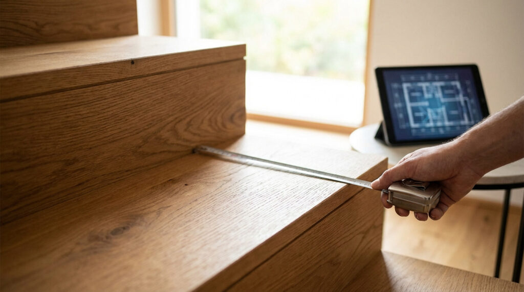 Une main mesure le giron d'un escalier en bois avec un mètre-ruban. Une tablette affiche un plan d'architecte en arrière-plan.