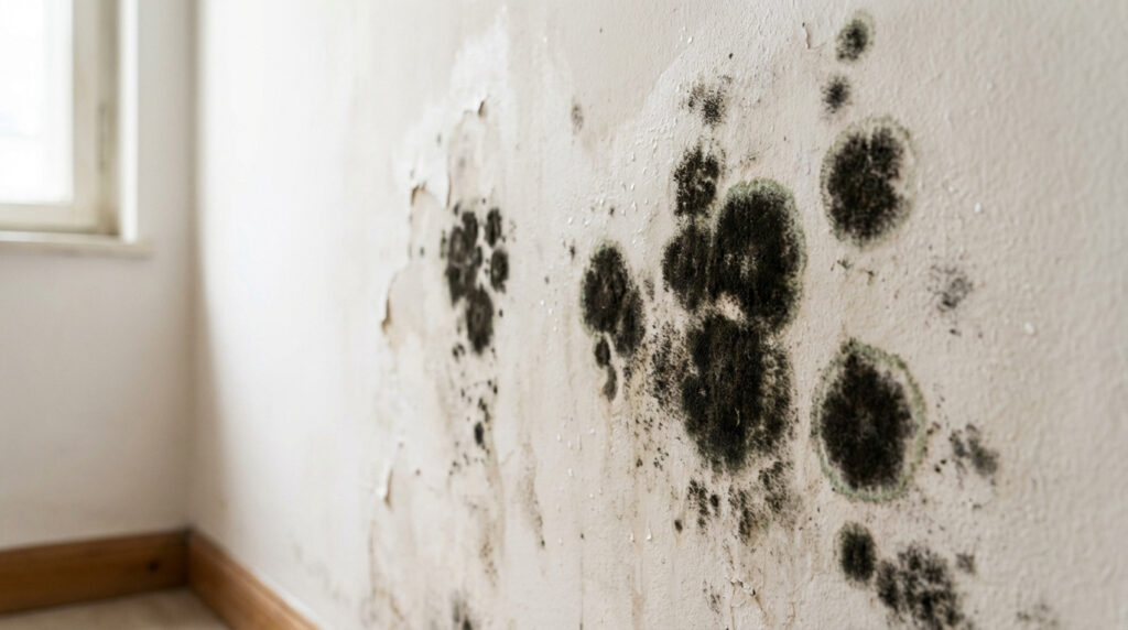 Gros plan sur de la moisissure noire et verte se développant sur un mur blanc endommagé avec de la peinture écaillée. Fenêtre floue à gauche.