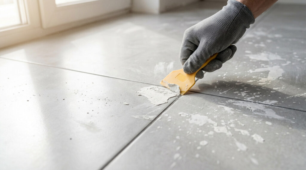 Main gantée utilisant une raclette jaune pour enlever des résidus de plâtre sur du carrelage gris. Lumière du jour près d'une fenêtre.