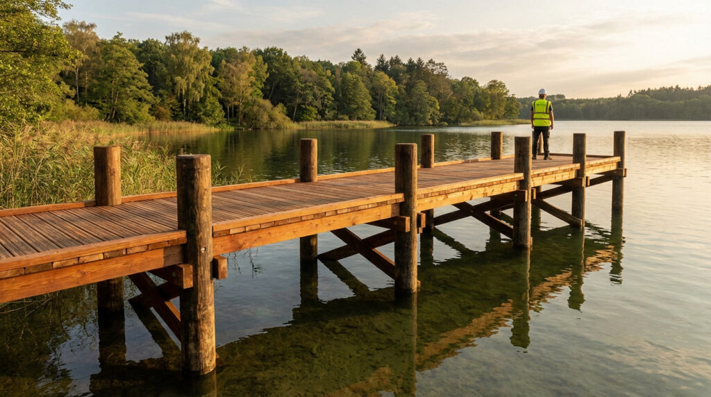 Un ouvrier sur un ponton en bois neuf s'avançant dans un lac calme entouré d'une forêt luxuriante au crépuscule.