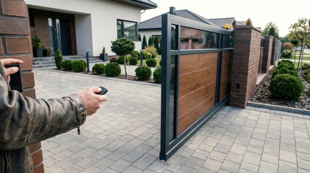 Une personne tient une télécommande devant un portail automatique en bois et verre, reflétant ses yeux, avec une maison en arrière-plan.