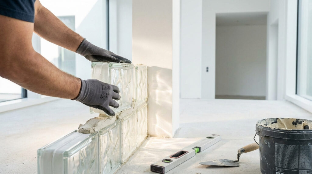 Des mains gantées posent une brique de verre sur un mur en construction. Un niveau à bulle et du mortier sont au sol.