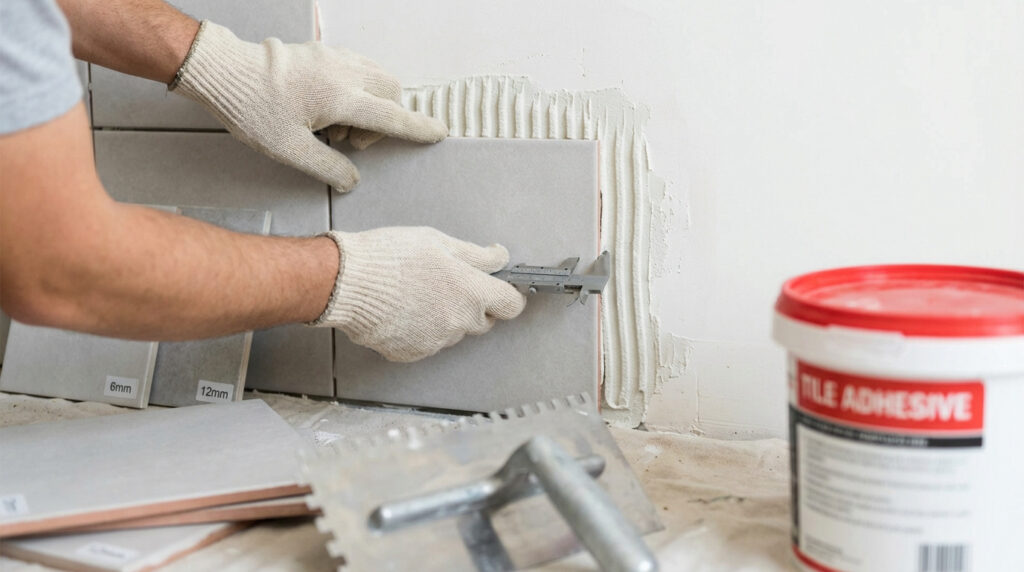 Une personne pose du carrelage mural, mesurant l'épaisseur d'une dalle avec un pied à coulisse. Des carreaux de 6 et 12 mm sont visibles.