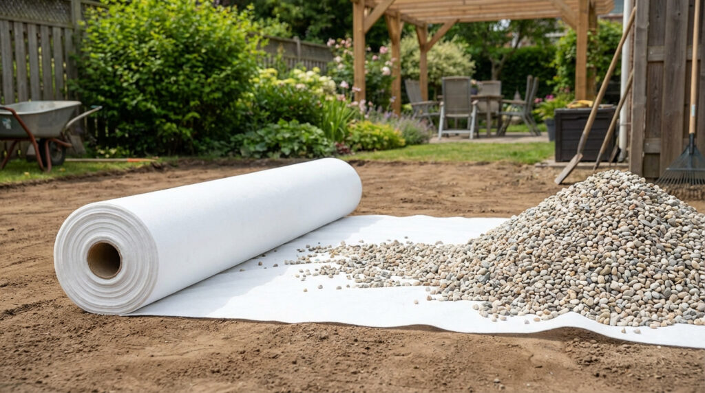 Un rouleau de géotextile blanc et un tas de gravier sur un sol de jardin préparé. Des outils et une pergola sont visibles en arrière-plan.