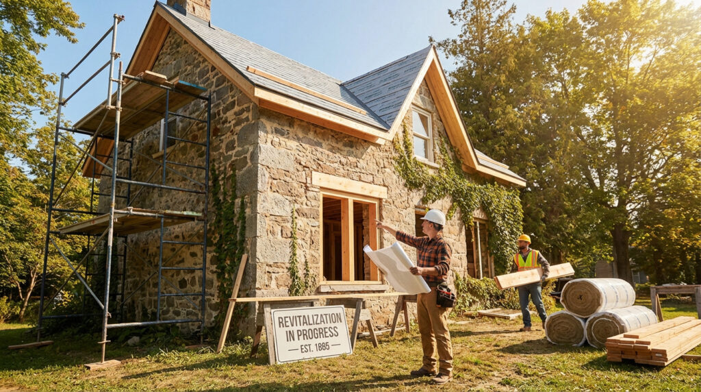 Maison en pierre de 1885 en rénovation. Un ouvrier consulte des plans, un autre transporte du bois sur le chantier.