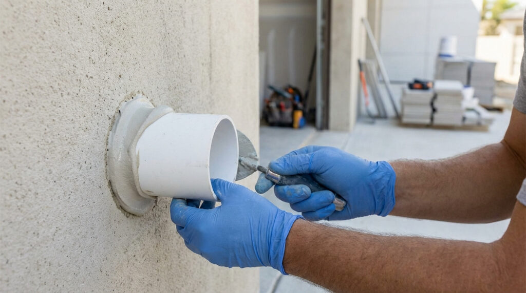Mains gantées bleues appliquant de l'enduit autour d'un tuyau PVC blanc encastré dans un mur texturé.