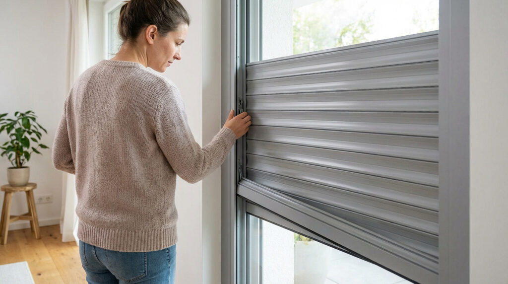 Une femme inspecte un volet roulant gris Franciaflex dont les lames inférieures sont tordues et bloquées dans le cadre.