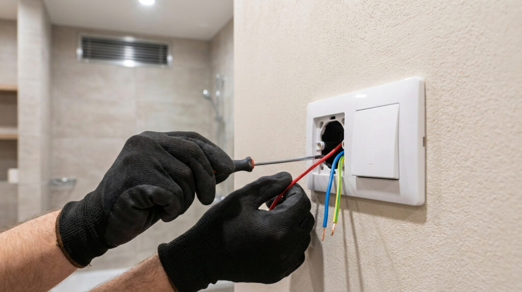 Mains gantées d'un électricien installant un interrupteur mural pour un extracteur d'air, avec fils exposés.
