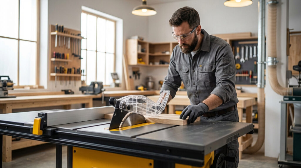 Homme barbu avec lunettes de sécurité et gants utilise un banc de scie pour couper une planche de bois dans un atelier bien éclairé.