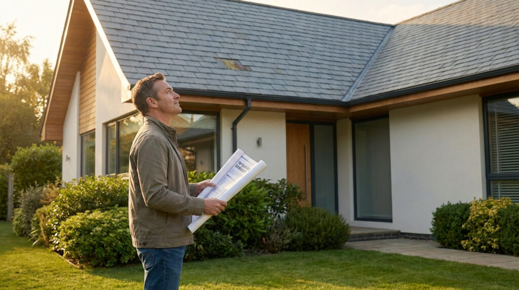 Un homme regarde le toit d'une maison moderne où des tuiles sont manquantes ou endommagées, tenant des plans. Il semble inquiet.