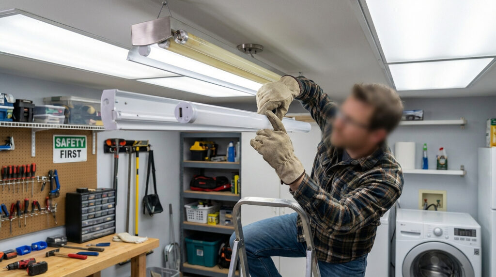 Un homme ganté sur un escabeau remplace un tube fluorescent au plafond dans un atelier bien organisé.