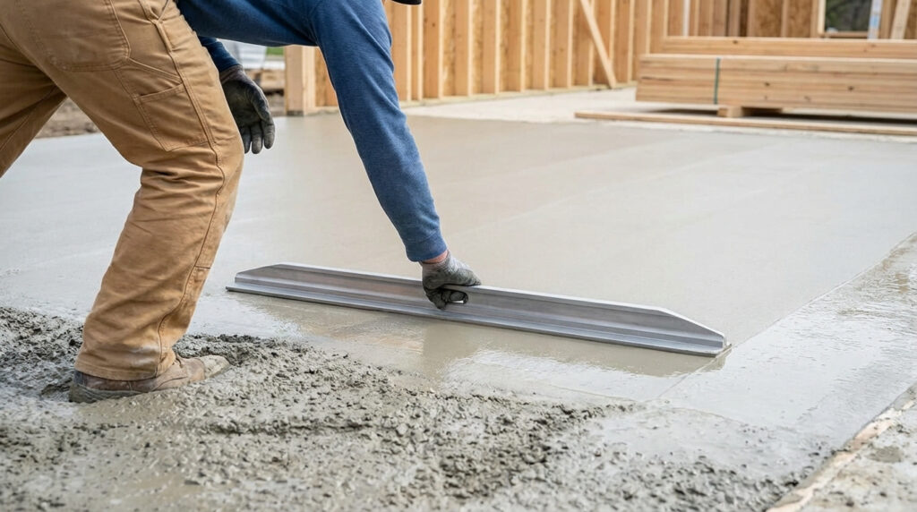 Un ouvrier lisse une dalle de béton fraîche avec une lisseuse en magnésium sur un chantier de construction.