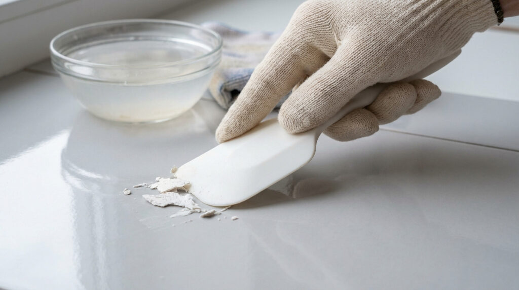 Une main gantée enlève doucement du plâtre séché sur un carrelage brillant avec une spatule en plastique, près d'un bol d'eau.