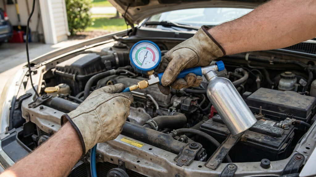 Deux mains gantées rechargent la climatisation d'une voiture avec un manomètre et une bouteille de réfrigérant.