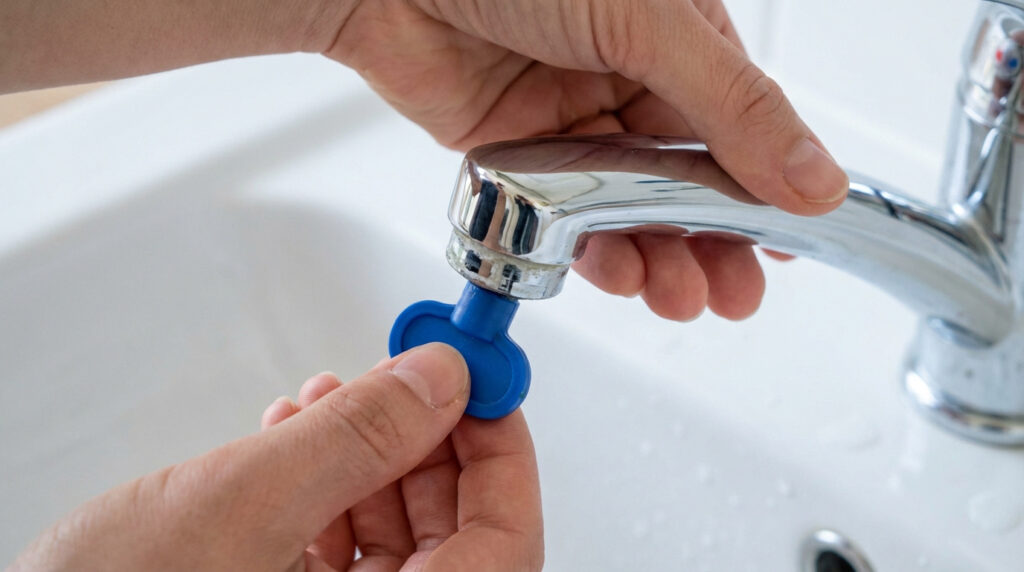 Des mains démontent le mousseur d'un robinet chromé de lavabo à l'aide d'une clé bleue spéciale pour mousseur caché.