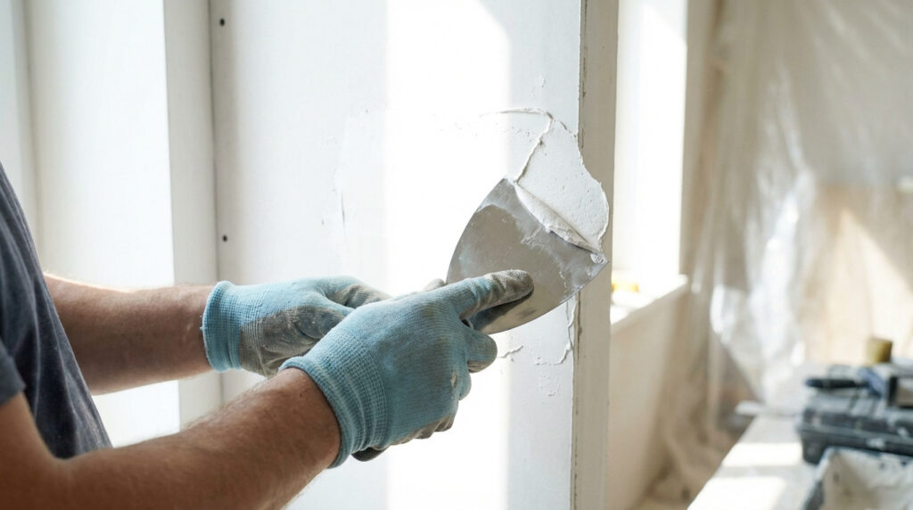 Personne en gants bleus appliquant de l'enduit sur un mur en placo blanc avec une spatule. Lumière du jour. Travaux de rénovation.