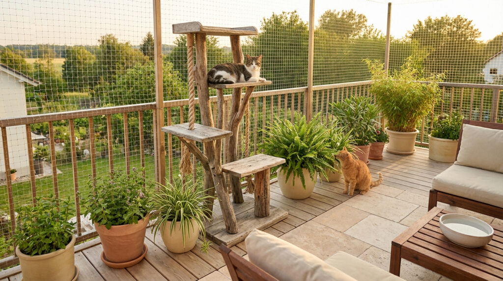 Une grande terrasse sécurisée avec un filet, abritant deux chats, un arbre à chat en bois, de nombreuses plantes et du mobilier d'extérieur.